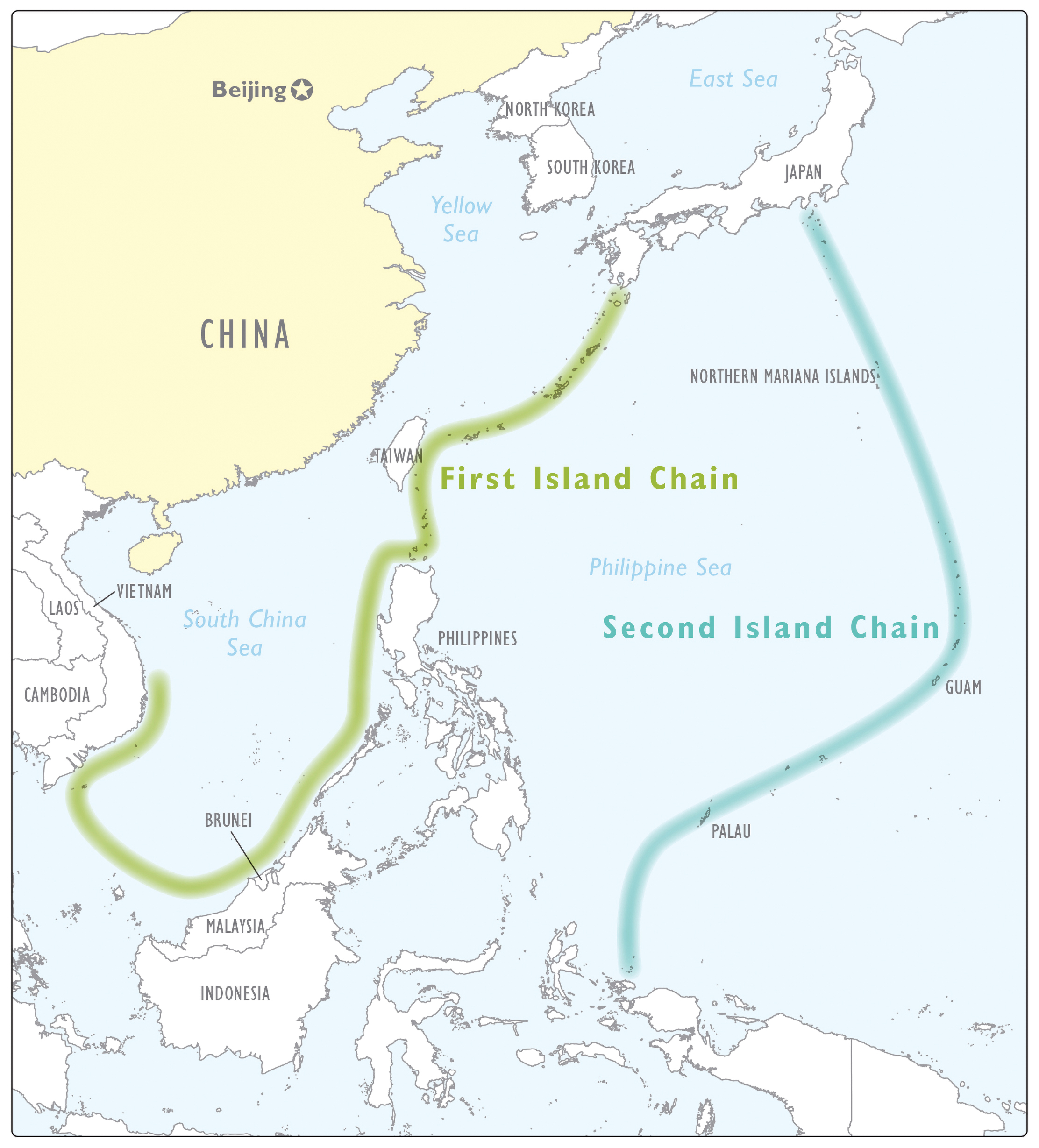 The first island. First and second Island Chains. Island Chain Strategy. Japan and Taiwan Island Chain. Geographic Boundaries of the first and second Island Chains.